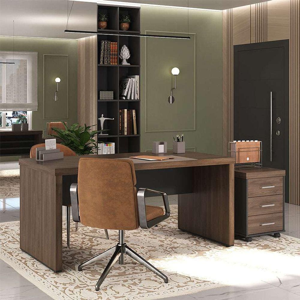 conjunto de mesa com gaveteiro de escritório executiva 3 gv marrom e preto