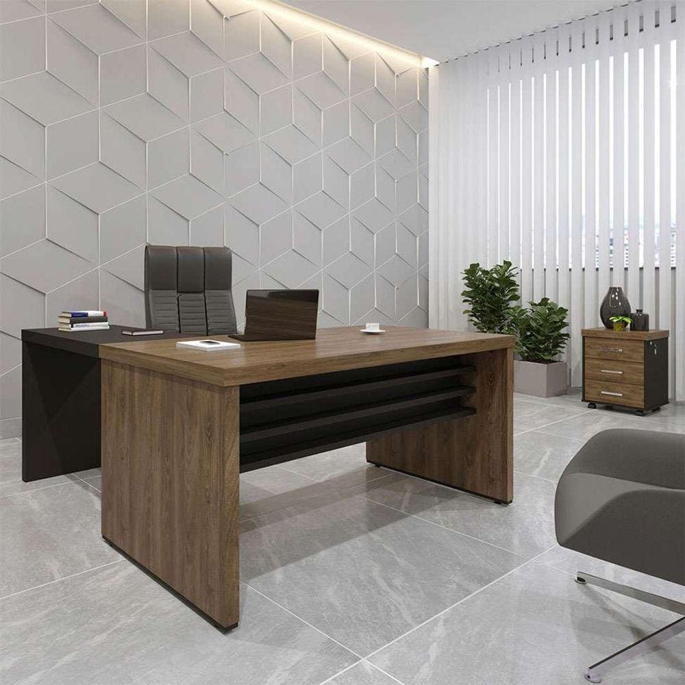 conjunto de mesa de escritório, gaveteiro e mesa de apoio executiva 3 gv marrom e preto