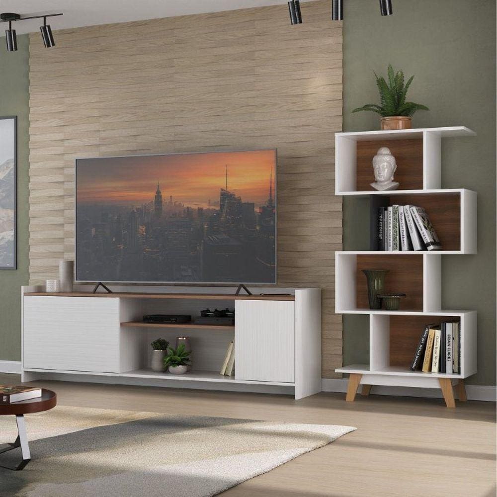 Conjunto Rack para TV até 60 Polegadas 2 Portas 2 Nichos e Estante Livreiro 4 Nichos Hecol Móveis Branco/Nogal