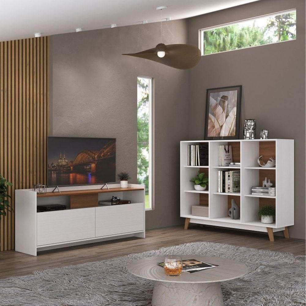 Conjunto Rack para TV até 42 Polegadas 2 Portas 2 Nichos e Estante Livreiro 9 Nichos Hecol Móveis Branco/Nogal