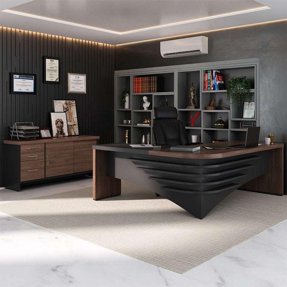 conjunto de mesa com armário de escritório executiva 2 pt 3 gv marrom e preto