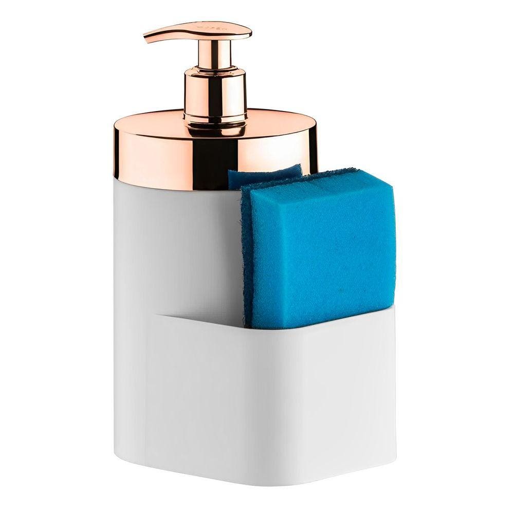 Dispenser Porta Detergente Líquido 500ml Esponja Bancada Pia Cozinha Branco Rose Gold - 520BCR Future