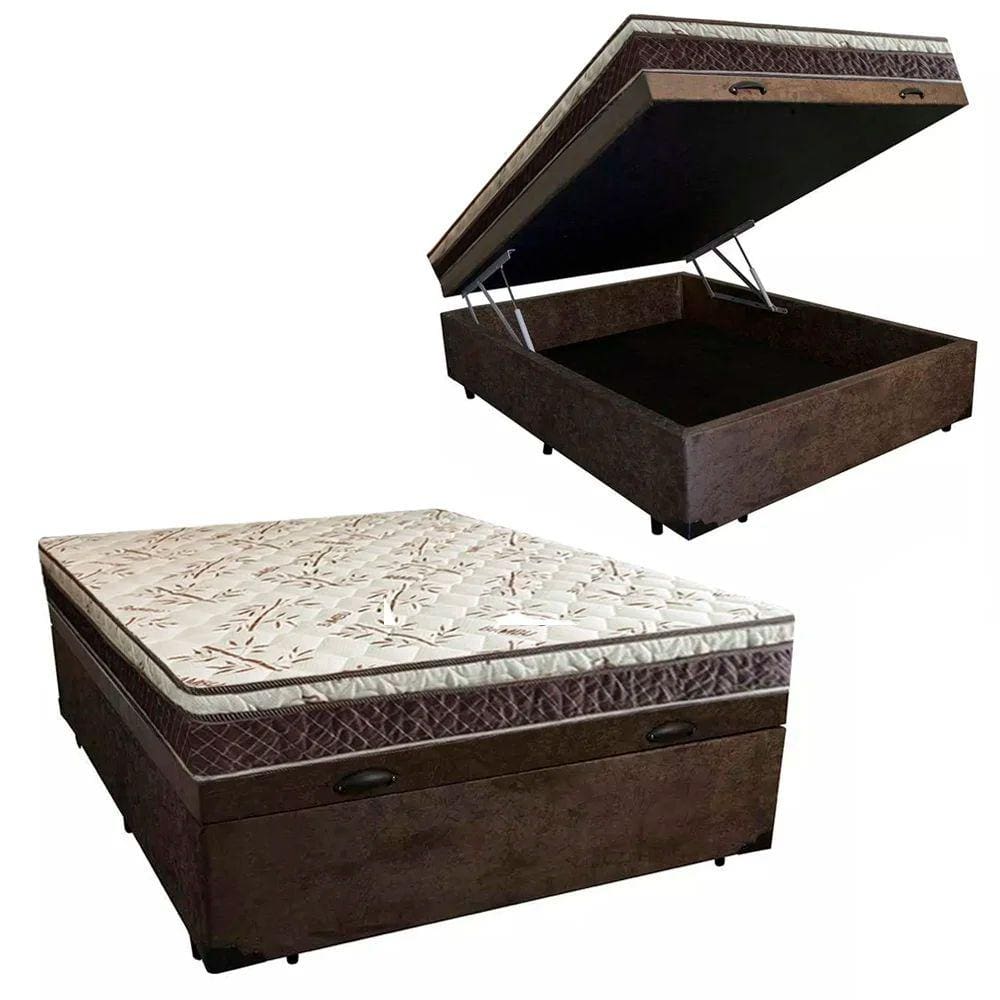 Cama Box Baú Casal Confort Suede Marrom + Colchão Casal Confort Molas Bonnel 65x138x188