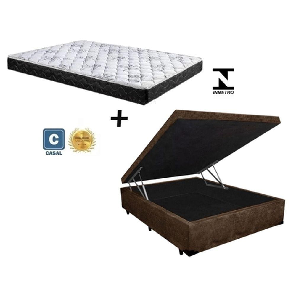 Cama Box Baú Casal Confort Suede Marrom + Colchão Casal Confort Molas Ensacada 71x138x188