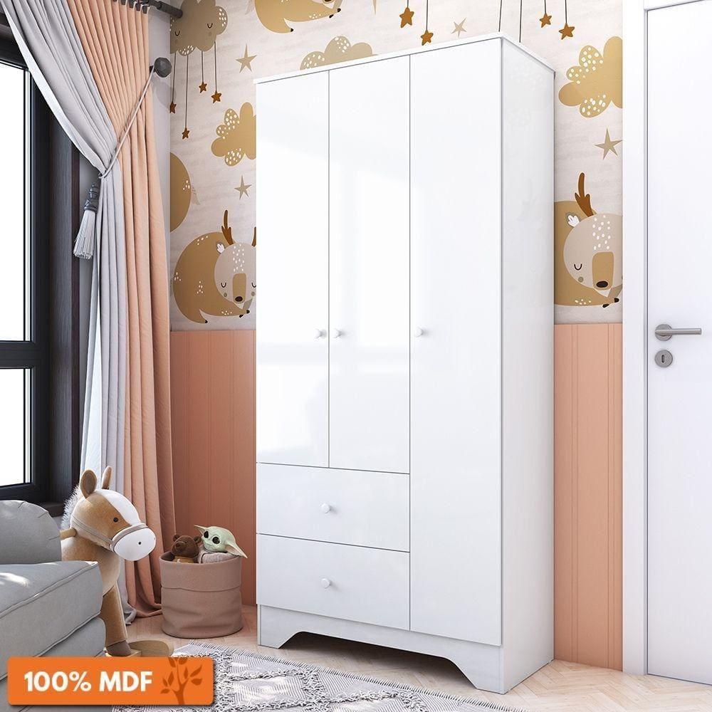Guarda Roupa Infantil 3 Portas 2 Gavetas 100% MDF Ben Plus Móveis Peroba Branco Brilho