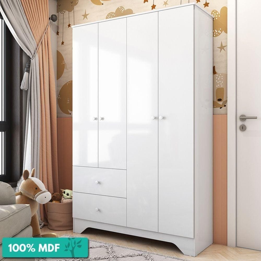 Guarda-Roupa Infantil 4 Portas E 2 Gavetas 100% Mdf Ben Móveis Peroba Branco Brilho