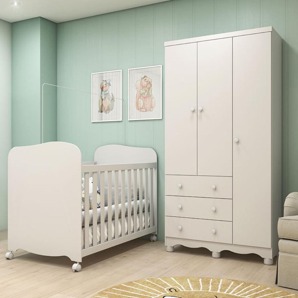 Quarto Infantil com Berço Americano Uli e Guarda Roupa 3 Portas 3 Gavetas Junior Móveis Peroba Branco