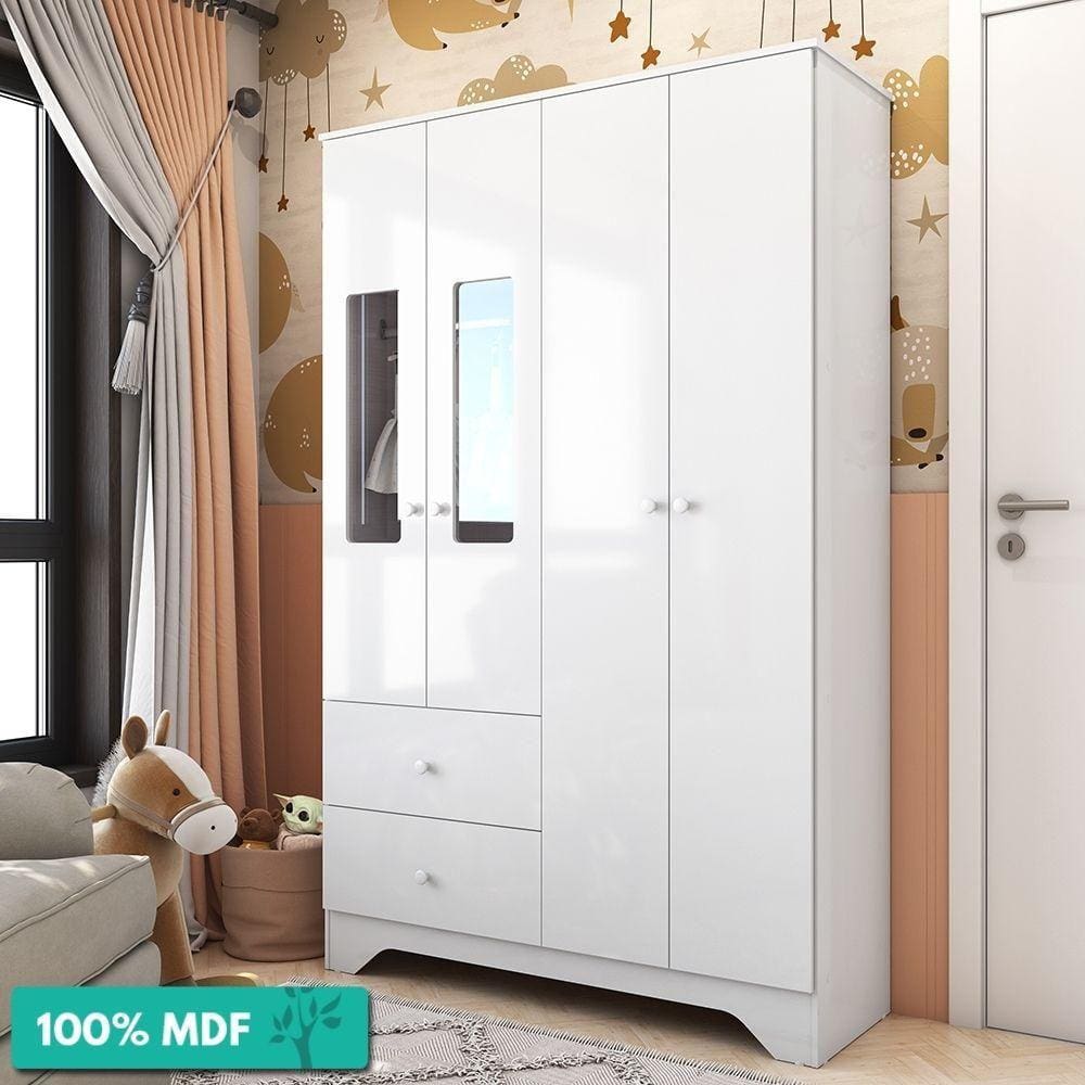 Guarda-Roupa Infantil 4 Portas Com Janelas E 2 Gavetas 100% Mdf Ben Móveis Peroba Branco Brilho