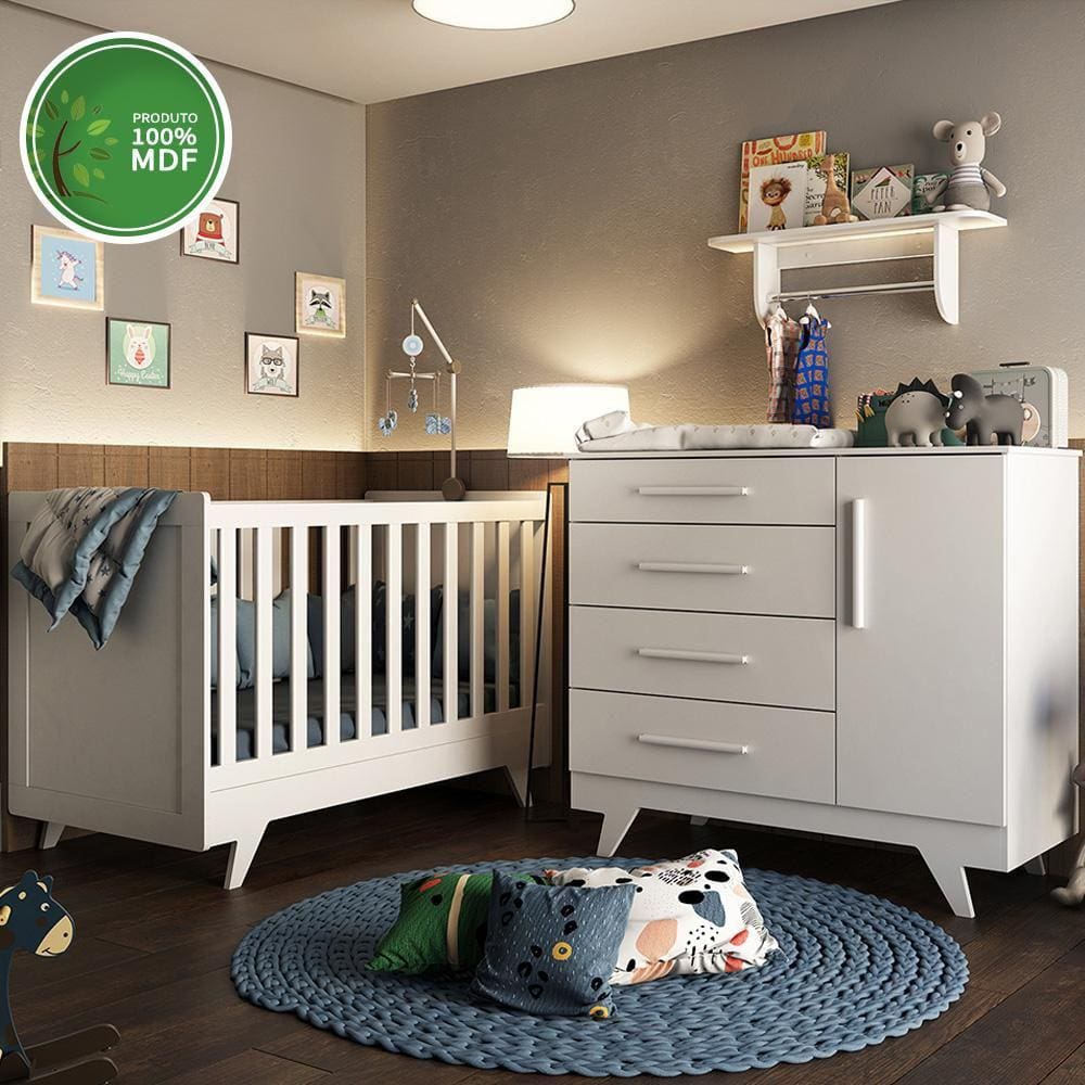 Quarto Bebê Completo com Berço Retro, Cômoda Retrô Lisa e Prateleira Móveis Peroba Branco