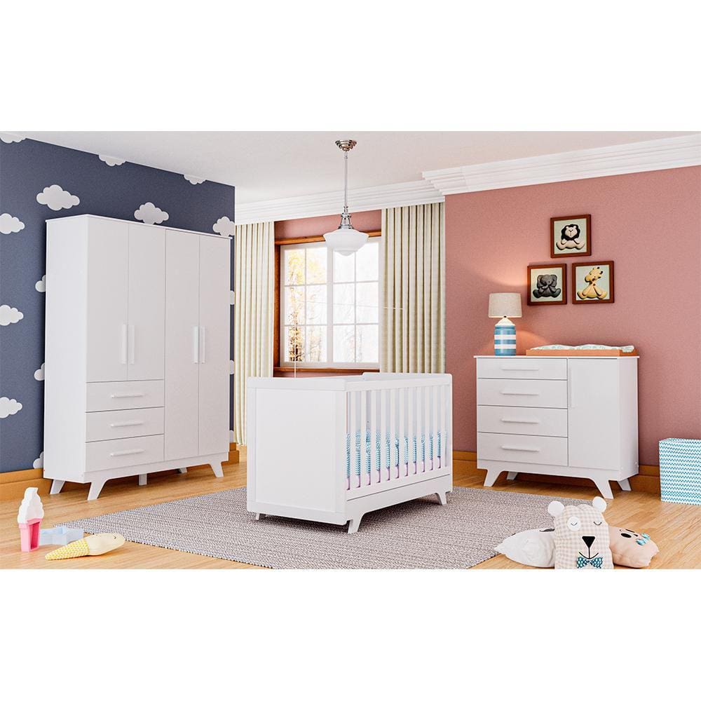 Quarto de Bebê Completo com Guarda Roupa Cômoda e Berço Retrô Moveis Peroba Branco Brilho