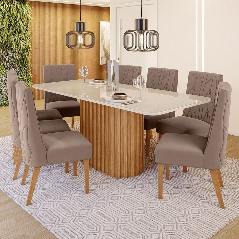 Conjunto Sala de Jantar Tampo MDF/Vidro 8 Cadeiras Mira Marrom/Off White/Marrom Amêndoa