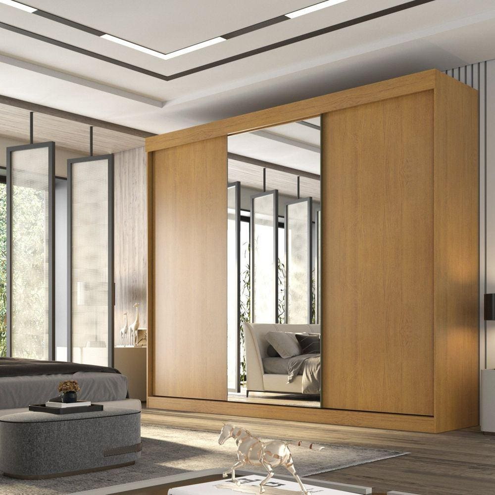Guarda Roupa Casal 3 Portas de Correr com Espelho Central 6 Gavetas Garibaldi 100% MDF Cinamomo/Off White