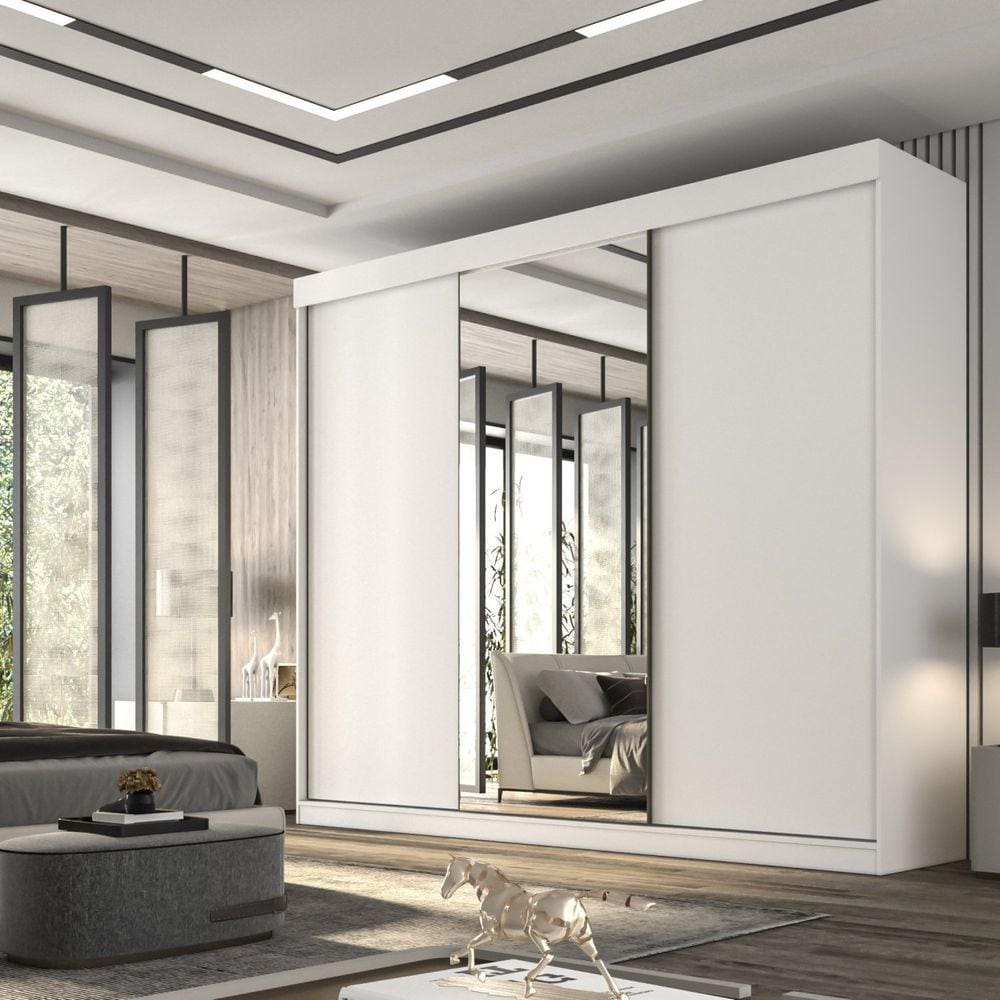 Guarda Roupa Casal 3 Portas de Correr com Espelho Central 6 Gavetas Garibaldi 100% MDF Branco Neve
