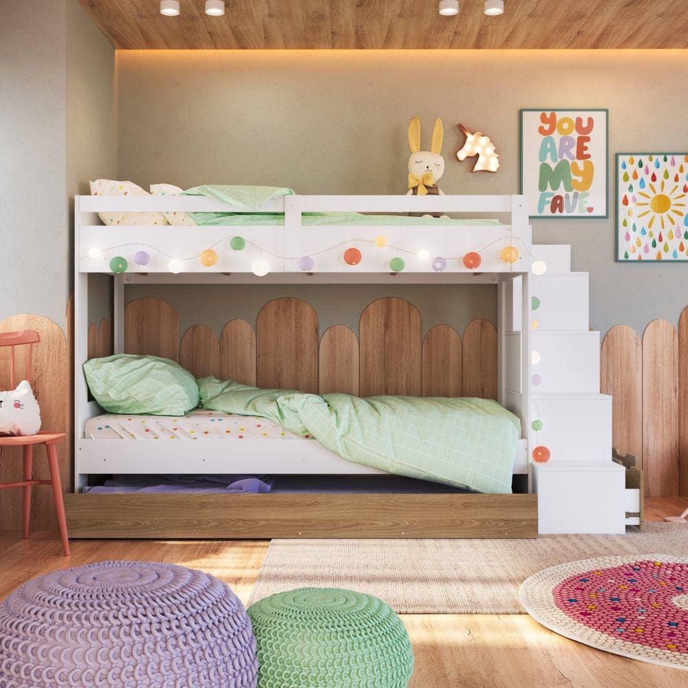 Treliche Infantil com Cama Auxiliar Escada Nichos e Gavetas Laterais Branco/Aveiro Oak