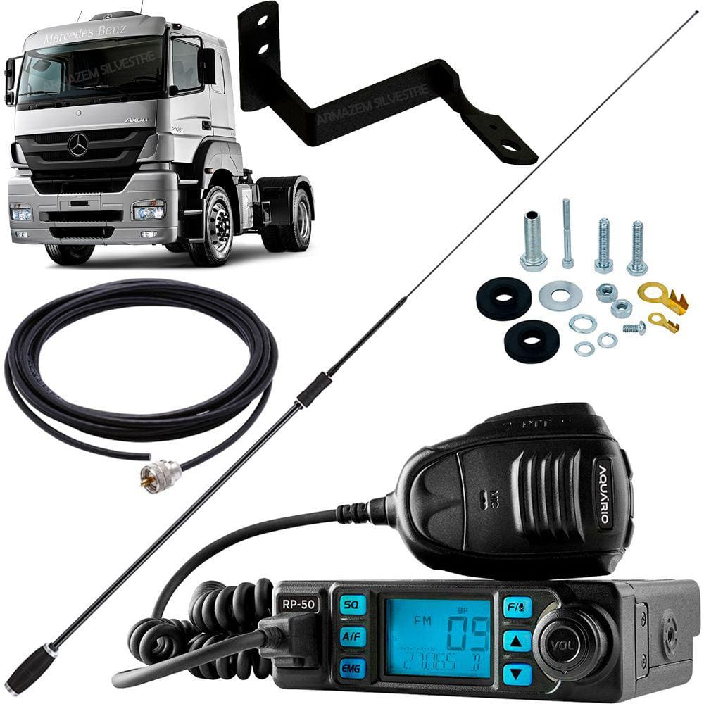 Rádio Px 80 Canais Antena Argentina Black Cabo 5,5m Suporte Dianteiro Motorista Mb Axor Parafusos