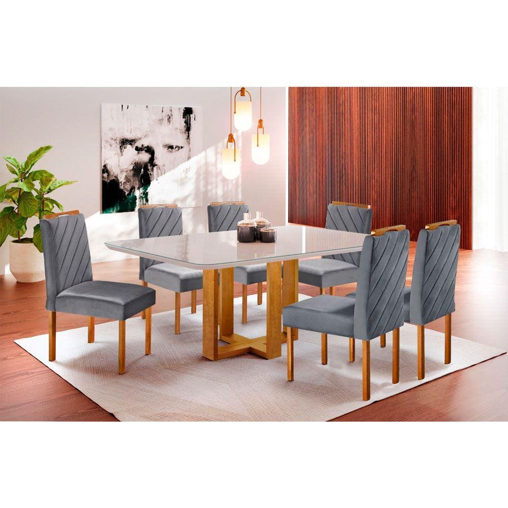 Conjunto Sala de Jantar 6 Lugares Mesa Tampo em Vidro e Cadeiras Lisy Veludo Móveis Mix