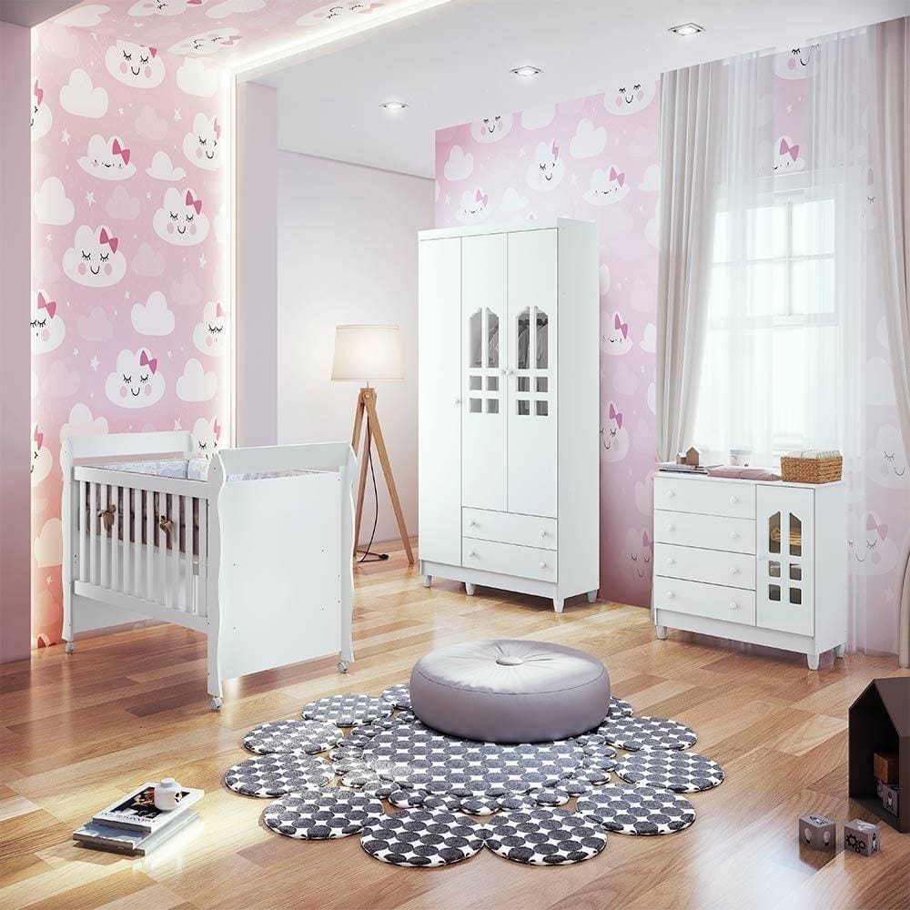 Quarto De Bebê Completo Berço Roupeiro Cômoda Branco