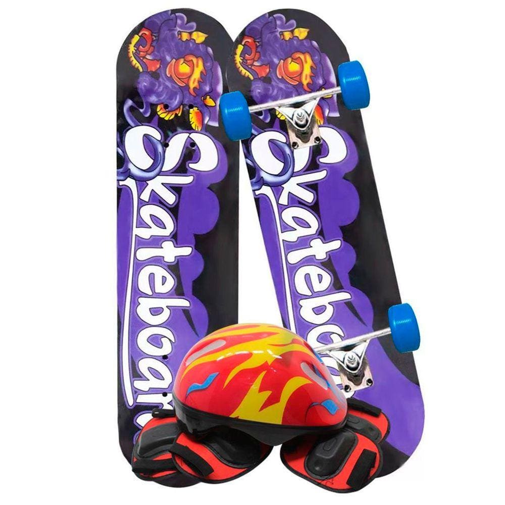 Skate Infantil Estampado Roxo Kit Equipamentos de Proteção