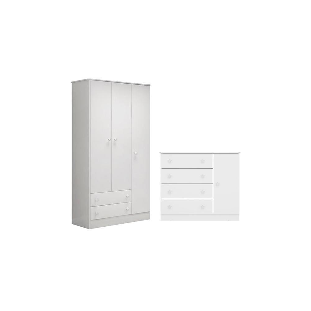 Quarto infantil Doce Sonho Guarda Roupa e Cômoda Sapateira Branco - Qmovi