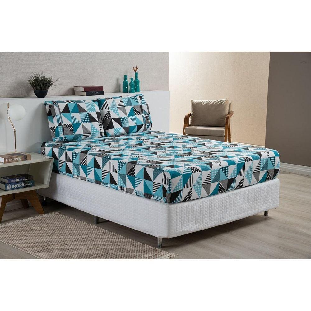 Jogo De Lençol Estampado Para Cama Box Casal Geométrico