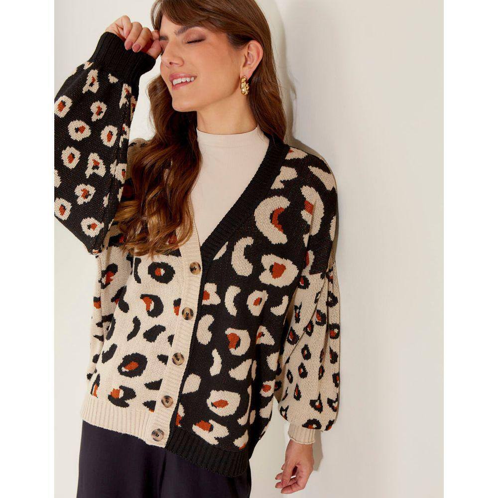 Cardigan Zinzane Feminino Animal Print Amplo - Areia