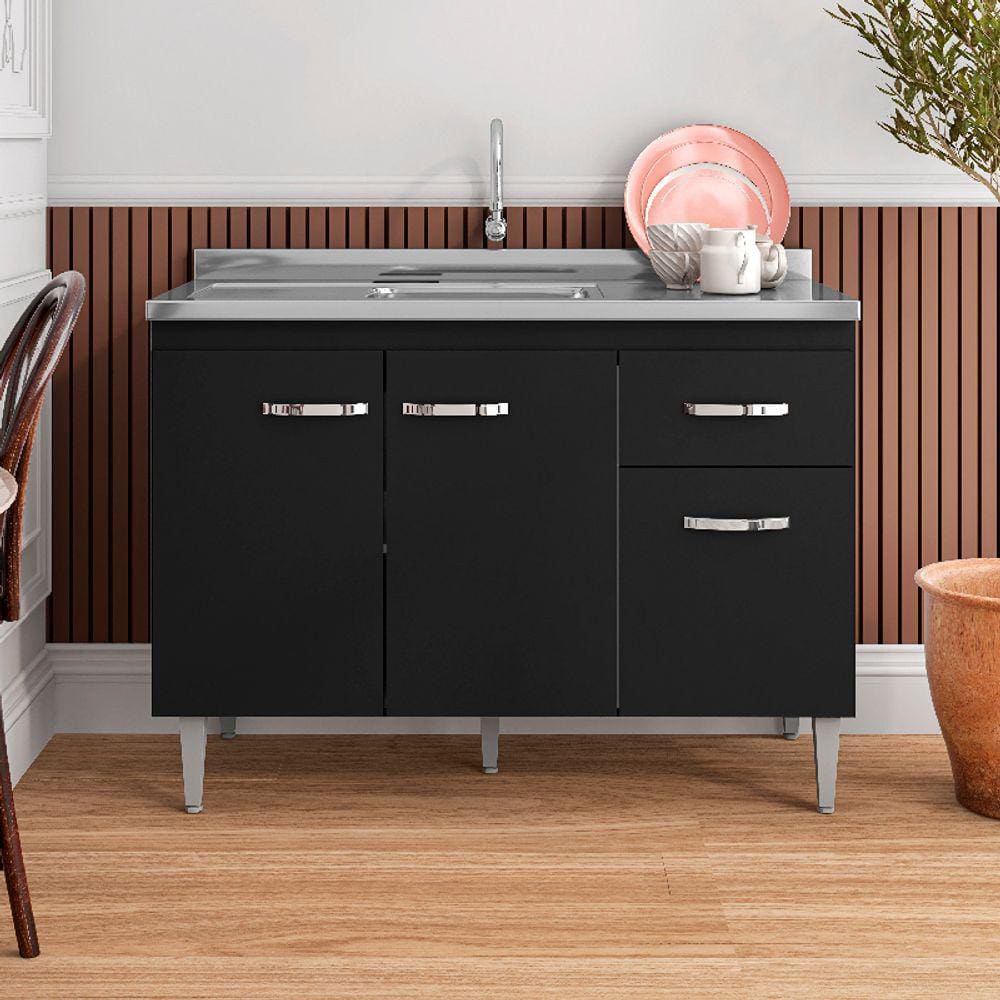 Balcão de Cozinha para Pia Gabriela 120cm 3 Portas 1 Gaveta Sem Tampo Cor Preto - AJL Móveis