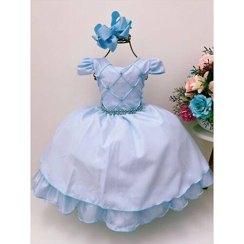 VESTIDO INFANTIL CINDERELA PRINCESA AZUL C/ RENDA E PÉROLAS