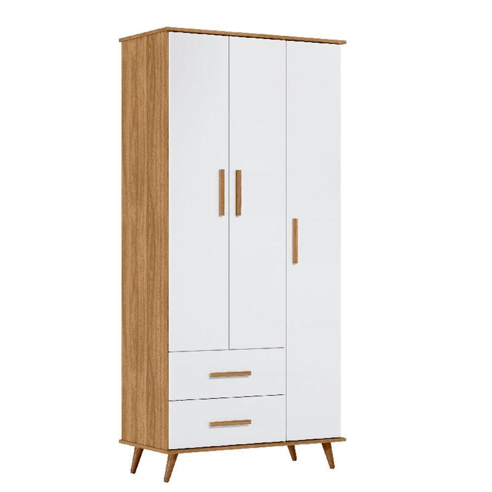 Guarda Roupa Infantil Retrô Lunare 3 Portas e 2 Gavetas para Quarto de Bebê Cor Nature com Branco - Peternella Móveis