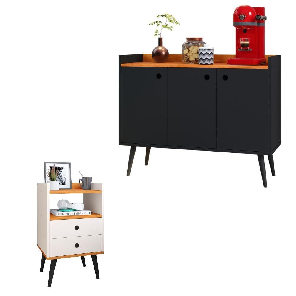 Kit Aparador Buffet Wood New Preto 3 Portas e Mesa de Cabeceira Dream 2 Gavetas Pés Retrô Palito Off White|Cinamomo - RPM Móveis
