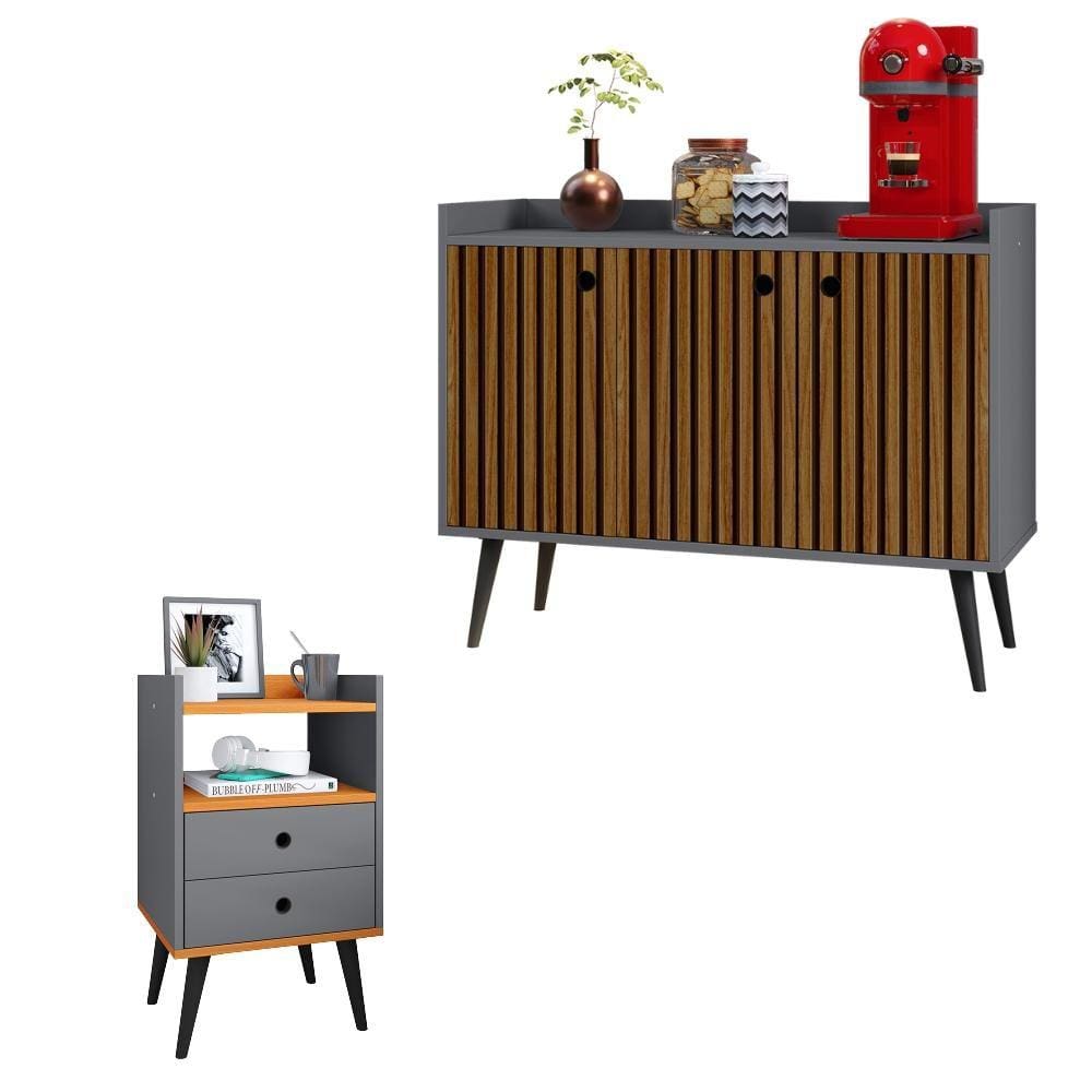 Kit Aparador Buffet Wood New 3 Portas e Mesa de Cabeceira Dream 2 Gavetas Pés Retrô Palito Cinza Ripado Cinamomo - RPM Móveis