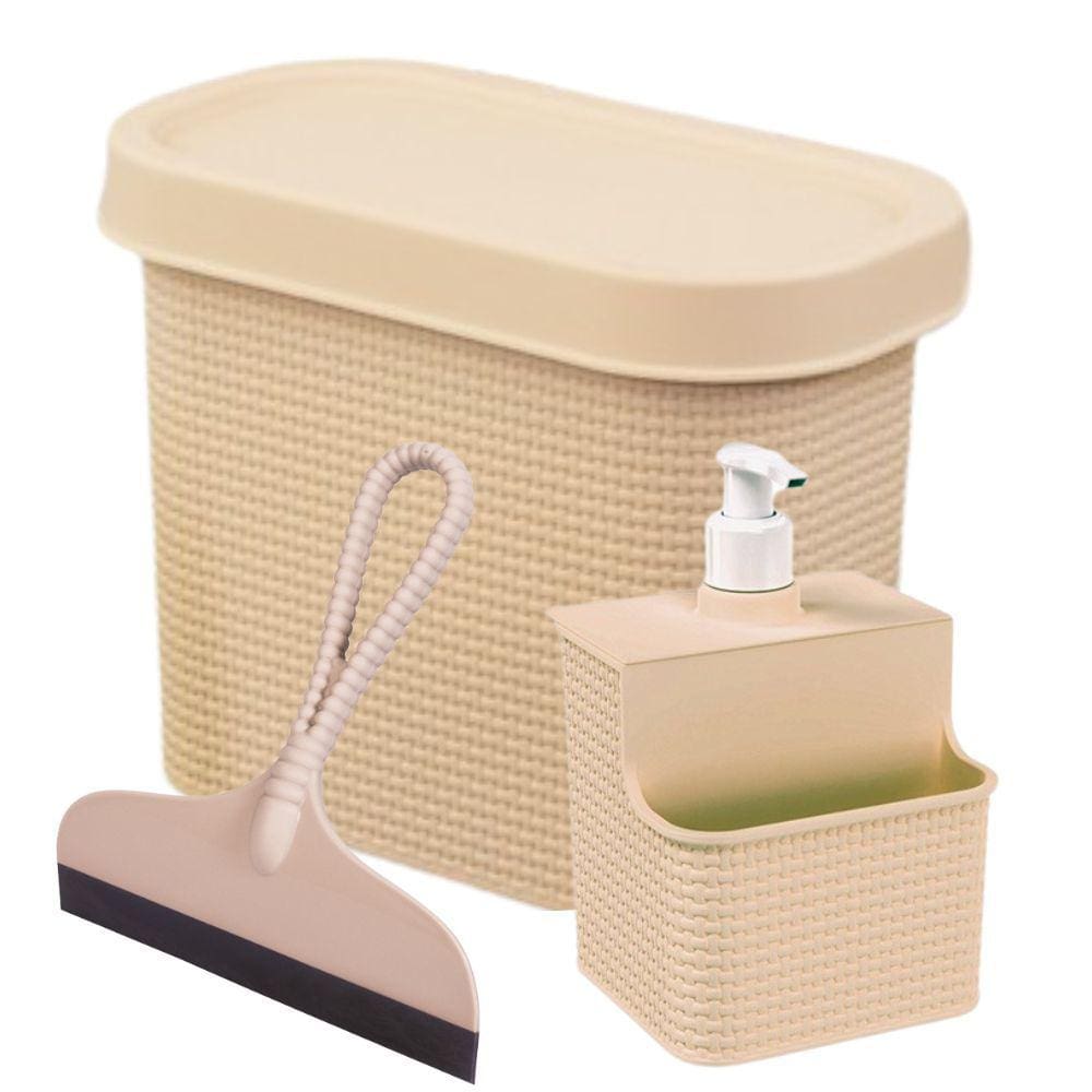 Kit para Pia Lixeira 3,3 litros, conjunto porta detergente/esponja 500ml e rodinho Tear Plasutil