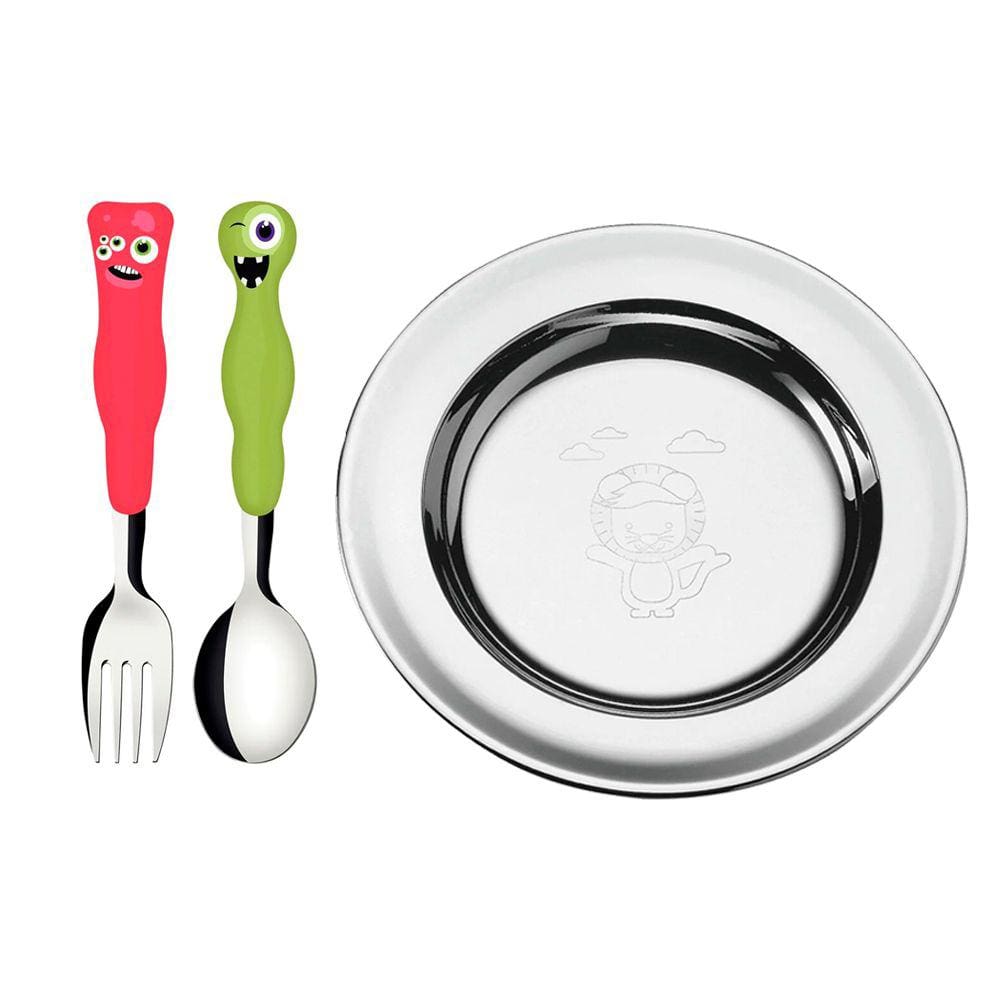 Kit Prato Infantil Inox Estampado e Jogo Colher Garfo Lirous 2 Peças Tramontina