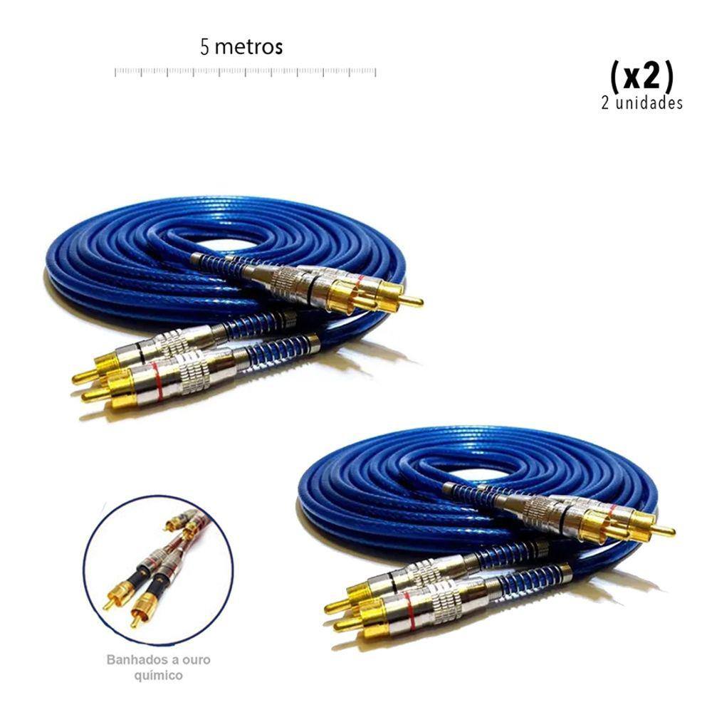Kit 2 unidades Cabo Rca Blindado 5 Metros Azul Dupla Blindagem - Tech One