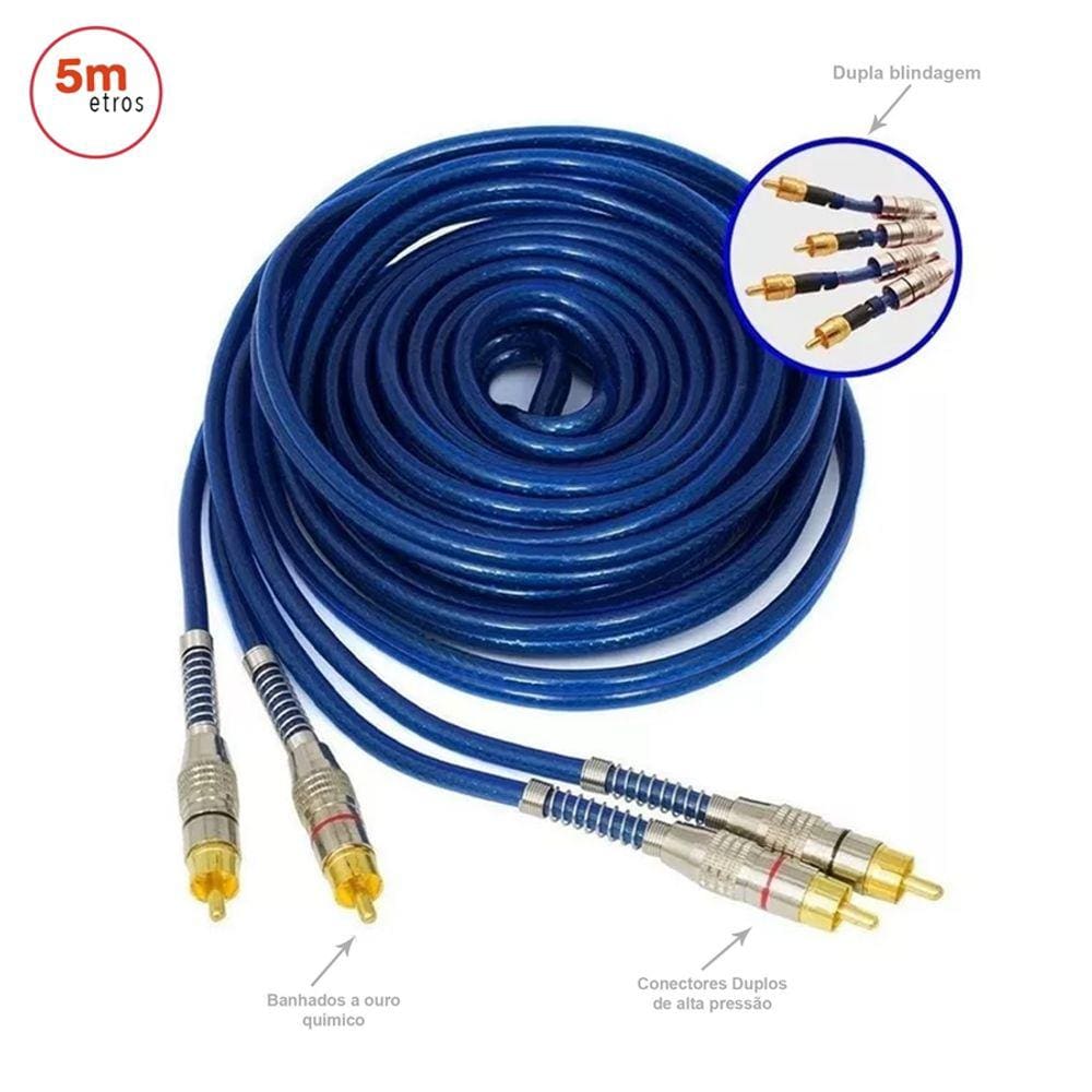 Cabo Rca Blindado 5 Metros Azul Dupla Blindagem - Tech One