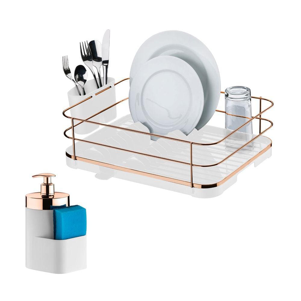 Kit Escorredor De Louças Dispenser Porta Detergente Líquido Esponja Pia Cozinha Branco Rose Gold - Future