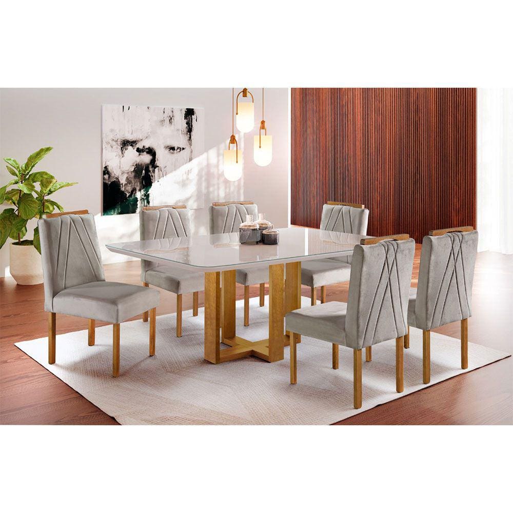 Conjunto Sala de Jantar 6 Lugares Mesa Lisy e 6 Cadeiras em Veludo - Móveis Mix