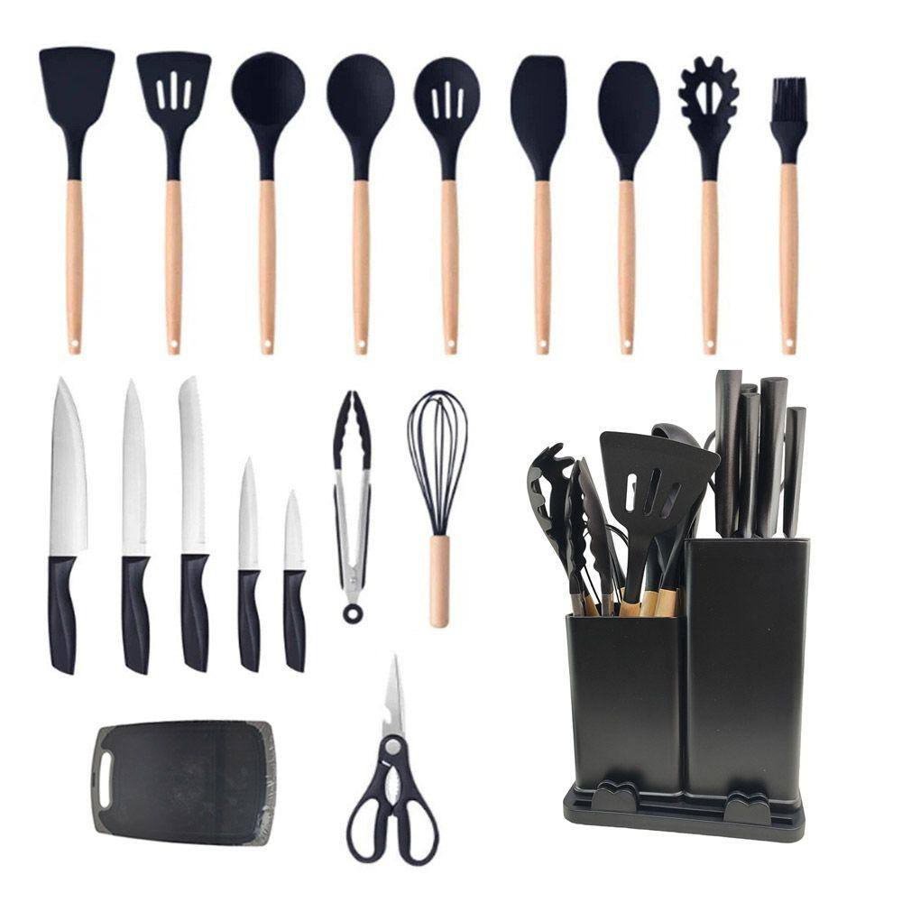 Jogo De Cozinha 19 Peças Concha Tesoura Faca Pegador Talheres Utensilio Luxo Acessorios Armazenamento Suporte Refeiçao Preparo Manuseio Resistente