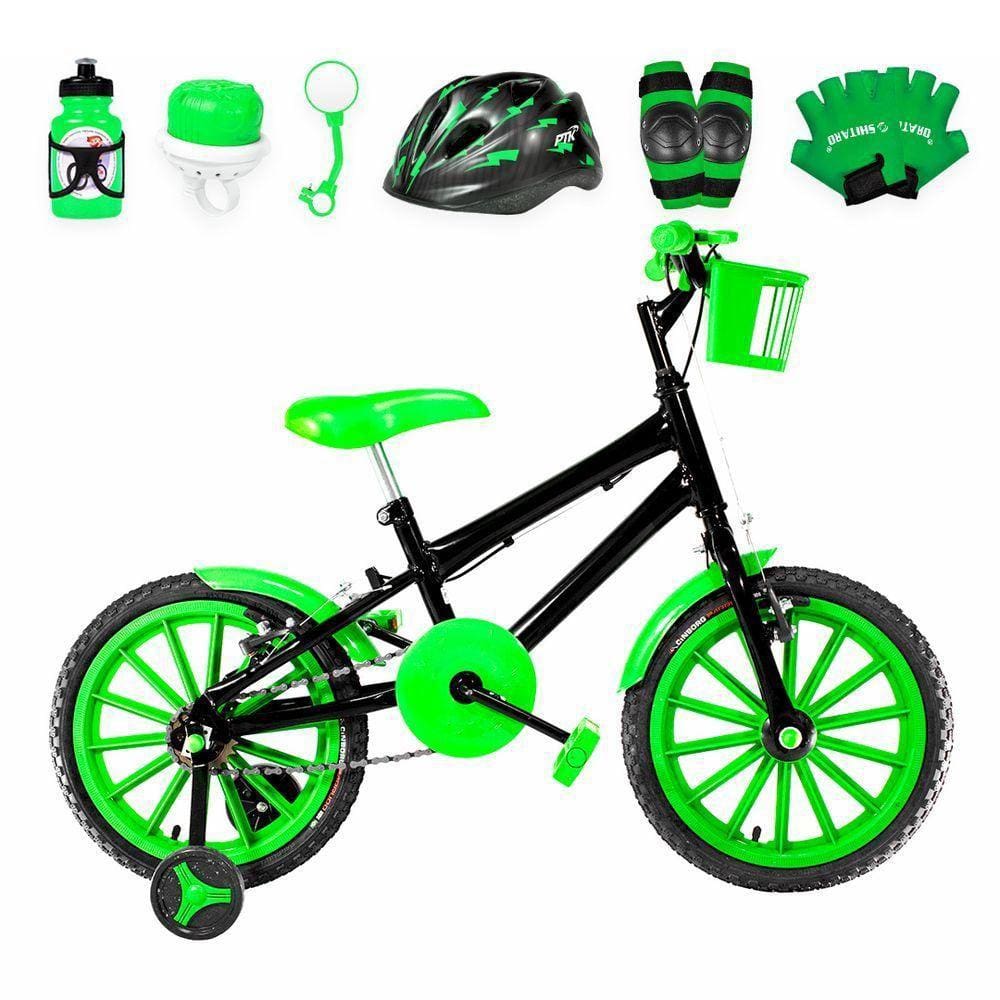 Bicicleta Infantil Aro 16 Nylon + Kit Proteção Preta e Verde