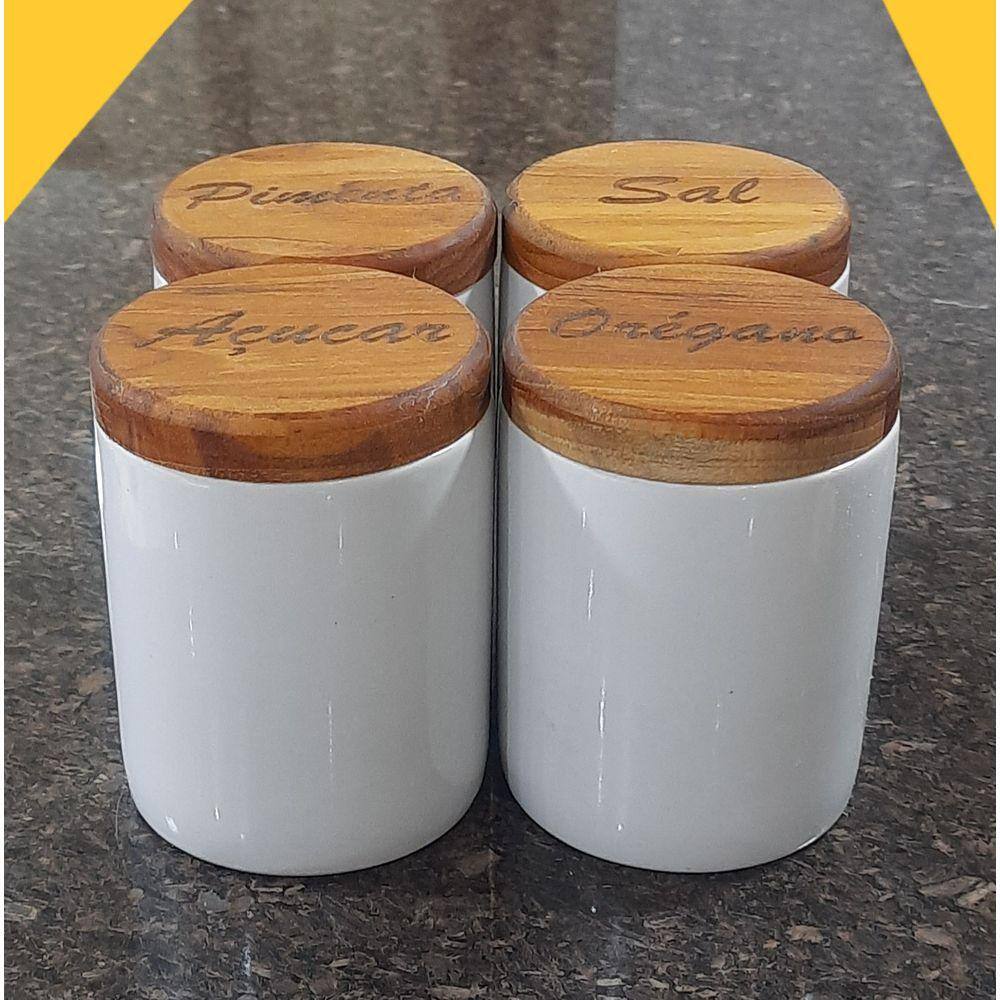 Kit 4 Potes 200ml p/ temperos - condimentos - Potes Porcelana Tampa Madeira Teca