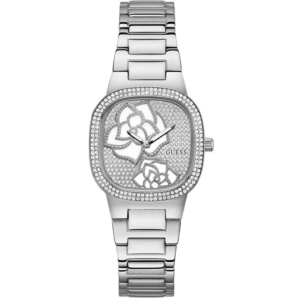 Relógio GUESS feminino analógico prata flor strass GW0544L1