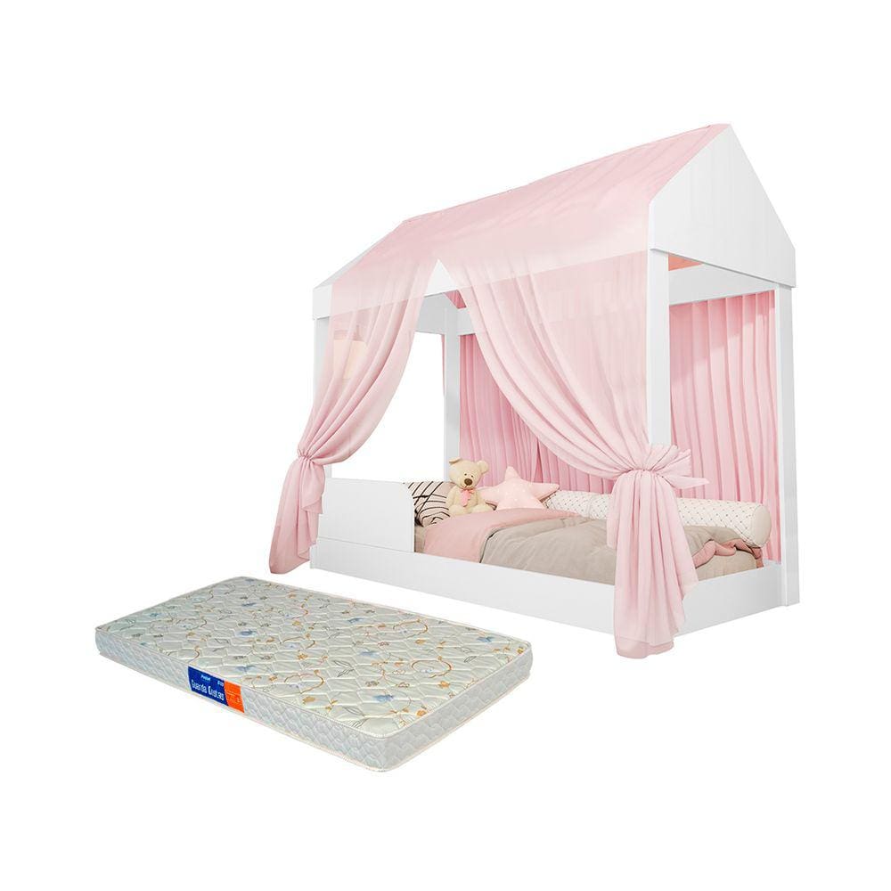 Cama Casinha Montessoriana Infantil com Colchão e Voal Rosa Crystal