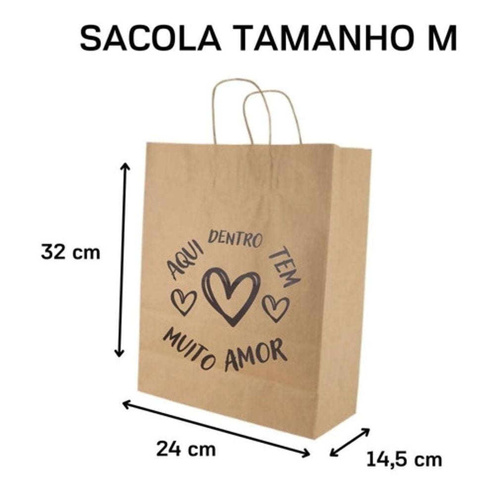 100 Sacola Kraft Amor Com Alça Tamanho M 32x24x14