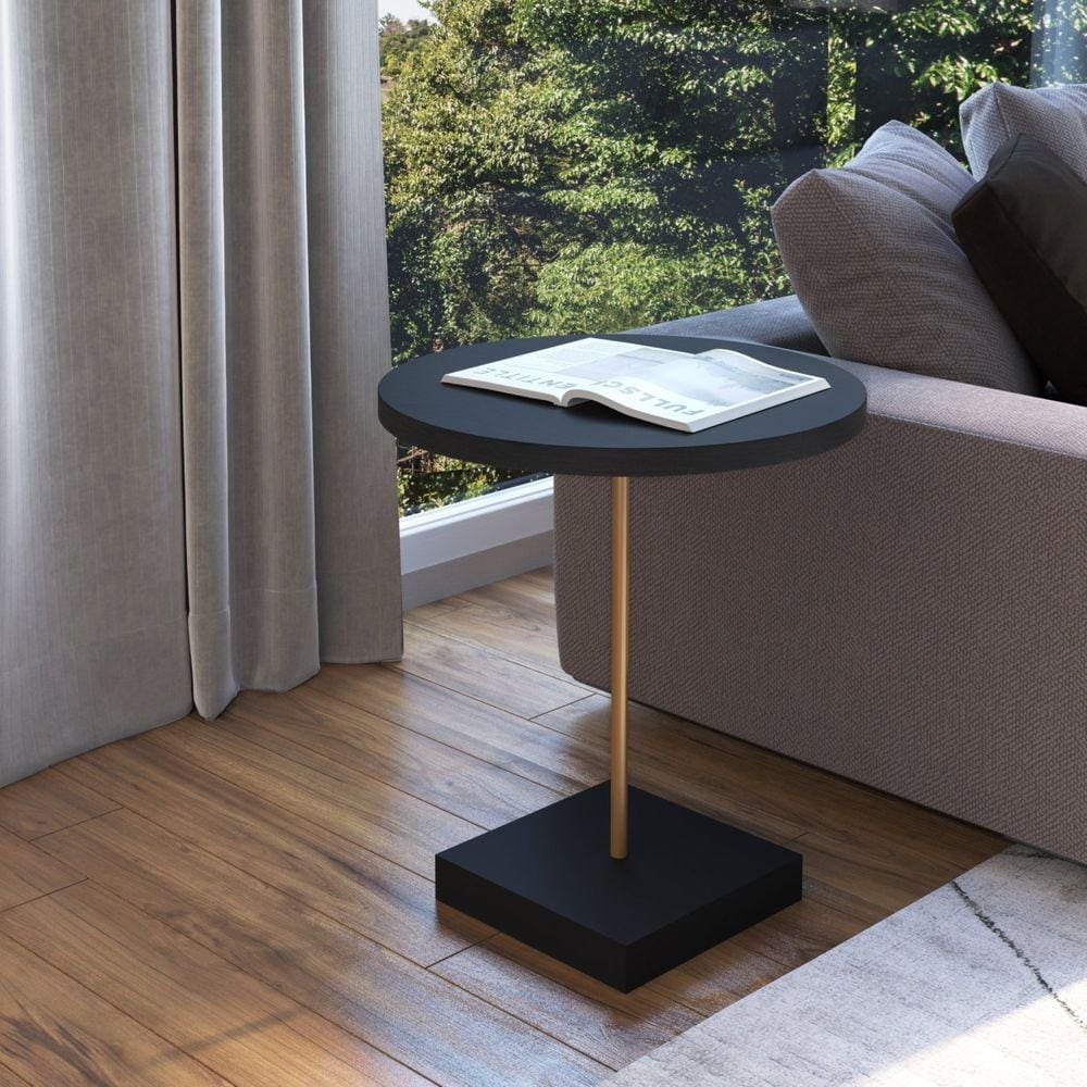 Mesa Lateral Redonda 45cm Nero/Dourado