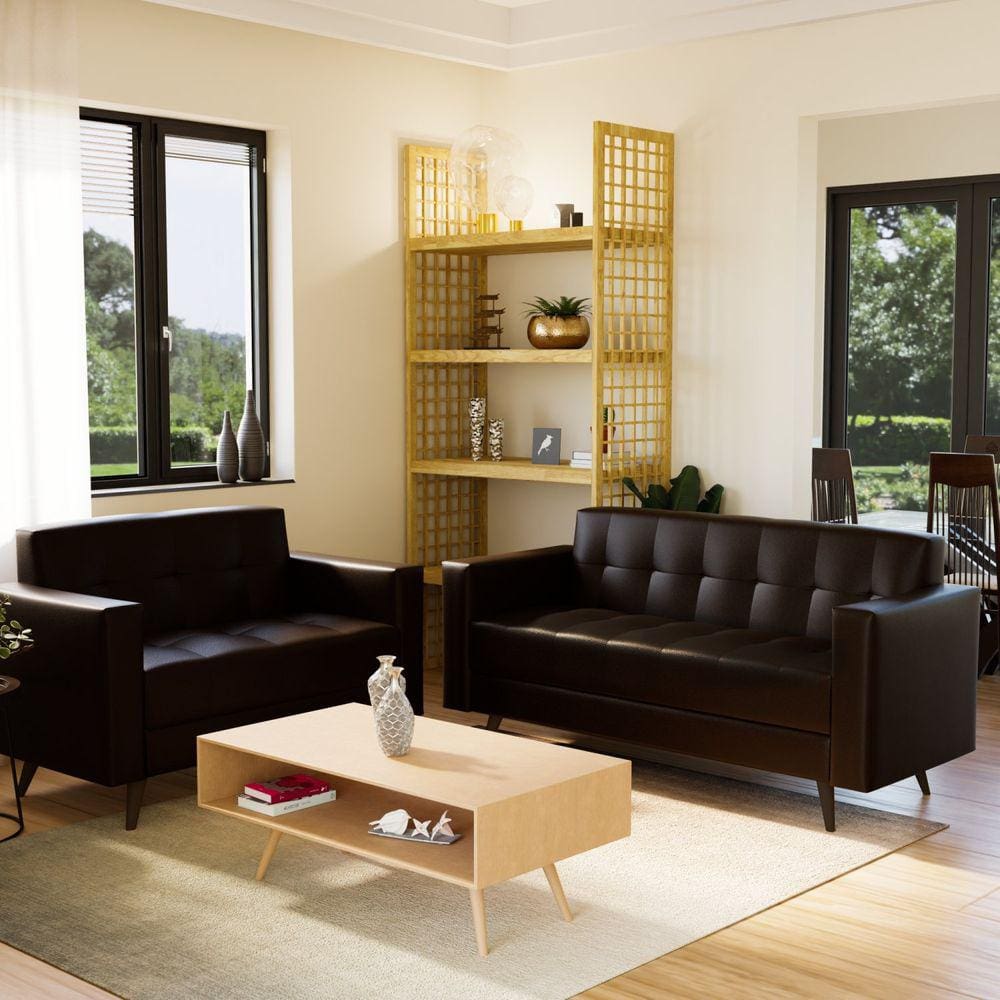 Conjunto Sofá 3 e 2 Lugares Sintético Vitrola Marrom