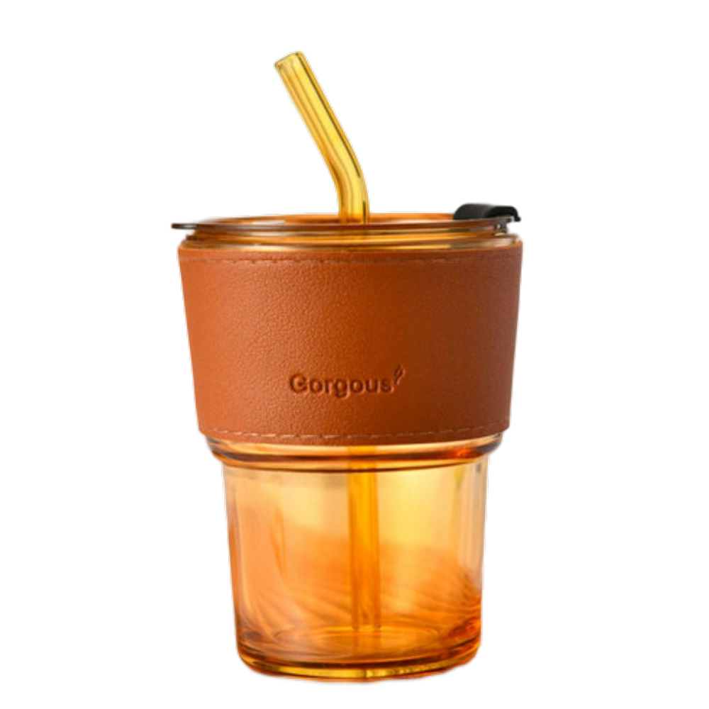 Copo De Vidro Com Canudo E Tampa Âmbar 450 Ml