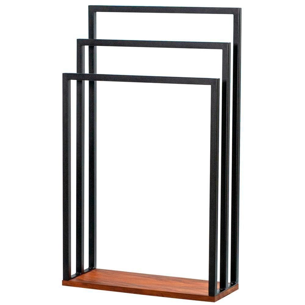Toalheiro De Piso Triplo Lovell Metal Base Em Madeira Peroba Preto Dhom Peroba Preto