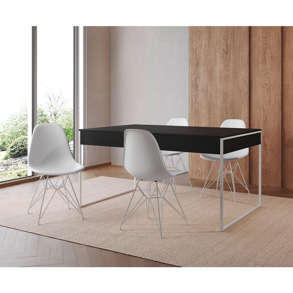 Mesa Jantar Industrial Retangular Filadélfia Preta 137x90cm com 4 Cadeiras Brancas Eames Base Ferro