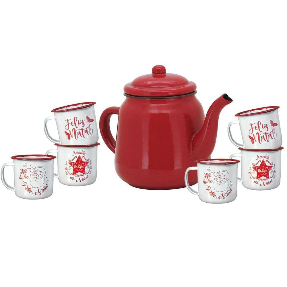 Conjunto Bule Esmaltado Vermelho 1700ml e 6 Canecas Estampa Natal 150ml - Yangzi