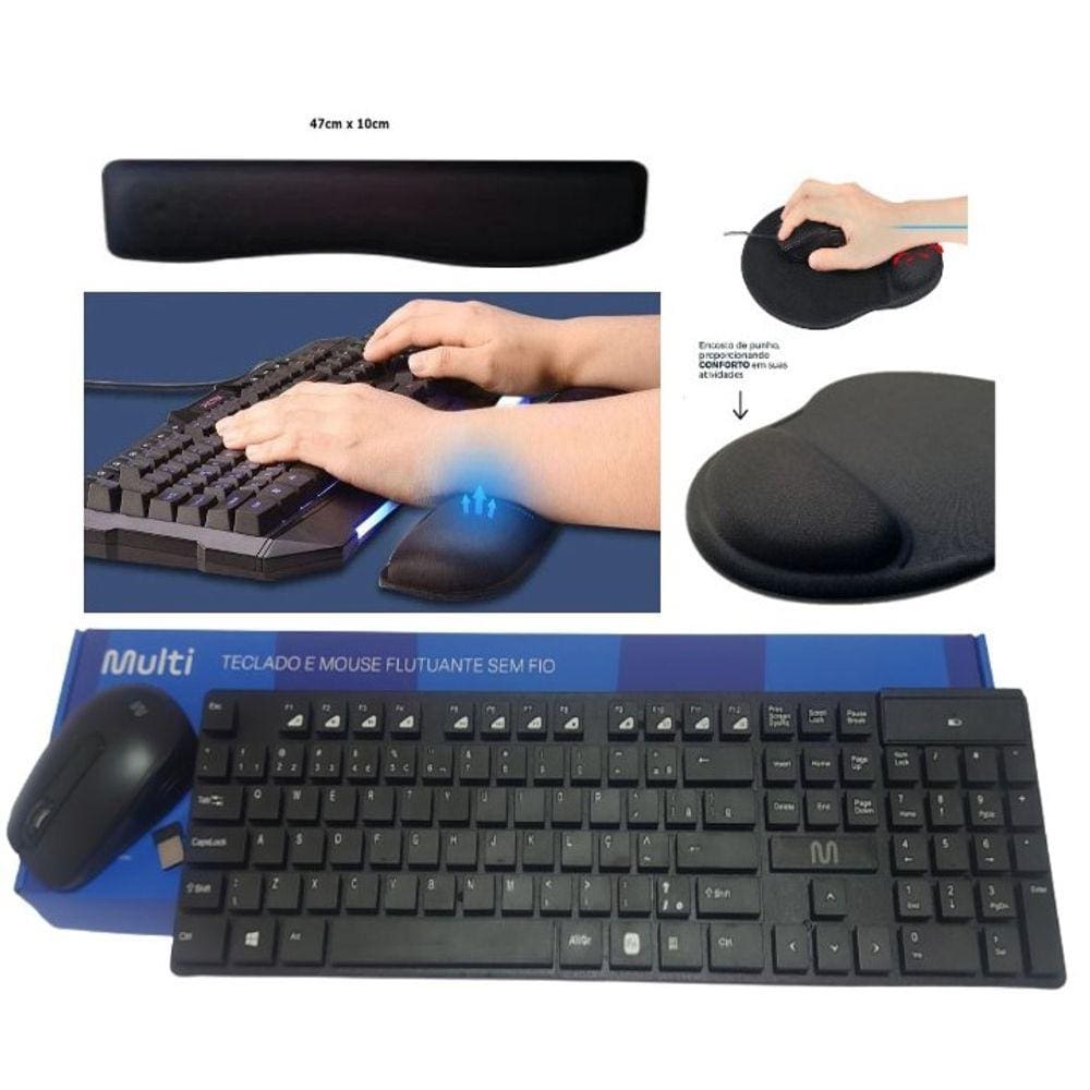 Teclado E Mouse Sem Fio MULTI Tc251, Apoio de Pulso para teclado E Mouse Pad Preto Liso