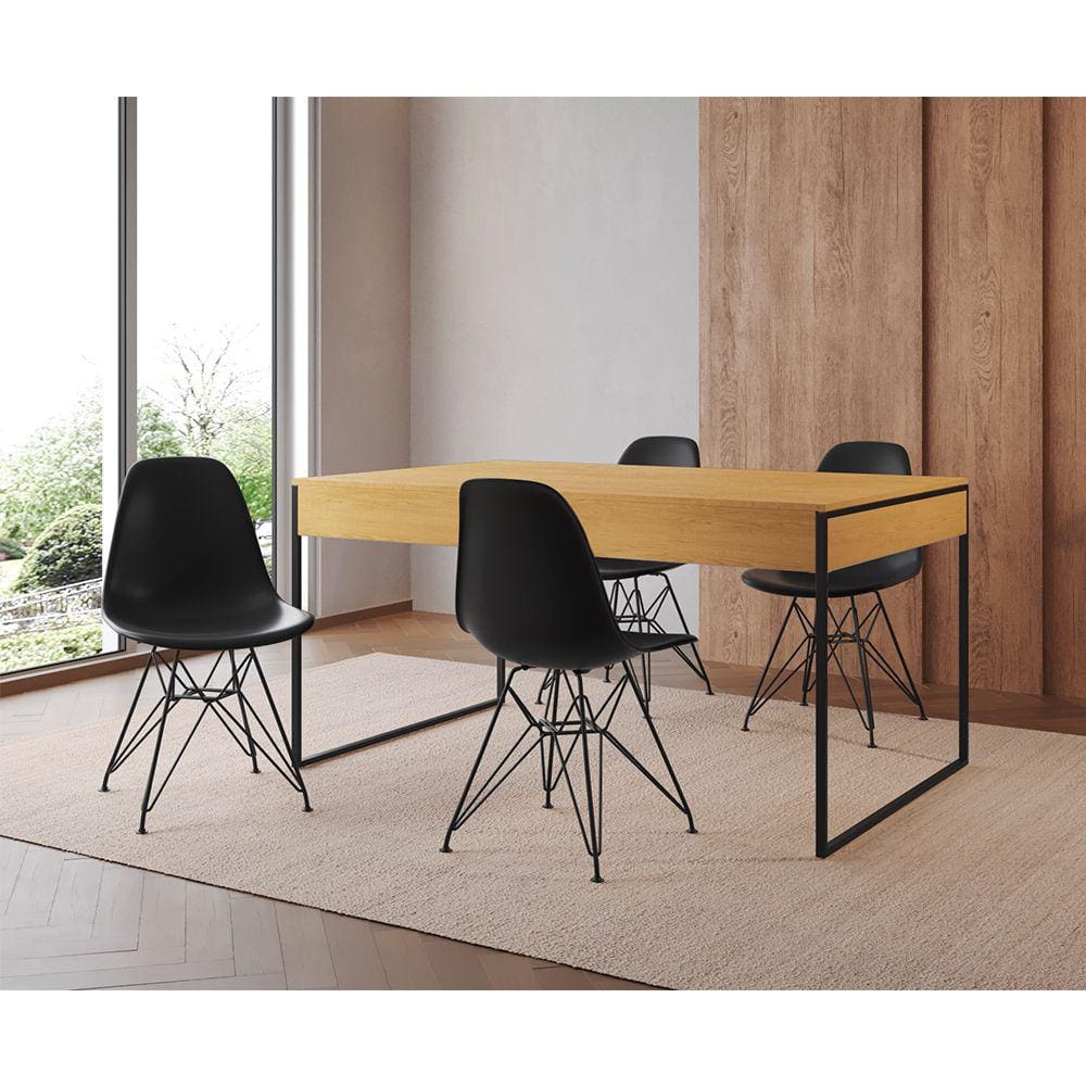 Mesa Jantar Industrial Retangular Filadélfia 137x90cm Canela com 4 Cadeiras Pretas Eames Base Ferro